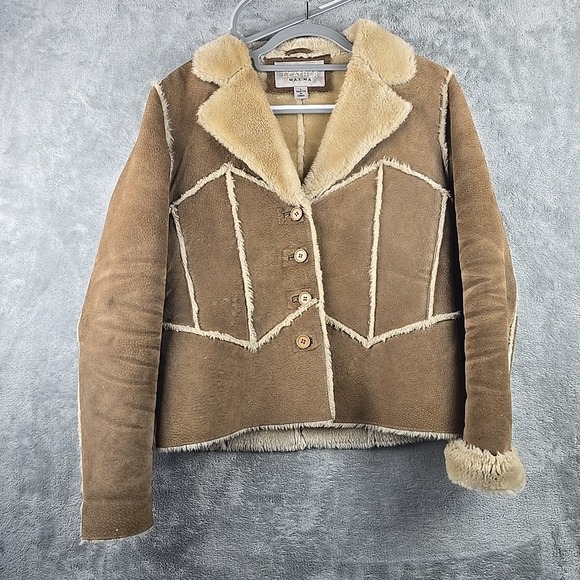 Wilsons Leather‎ Jacket Womens Large Brown Faux Fur Trim Penny Lane Style Y2k